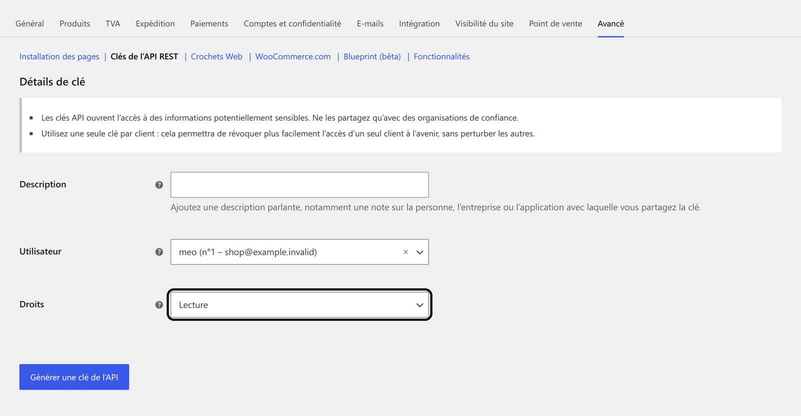 Formulaire de création de clé WooCommerce