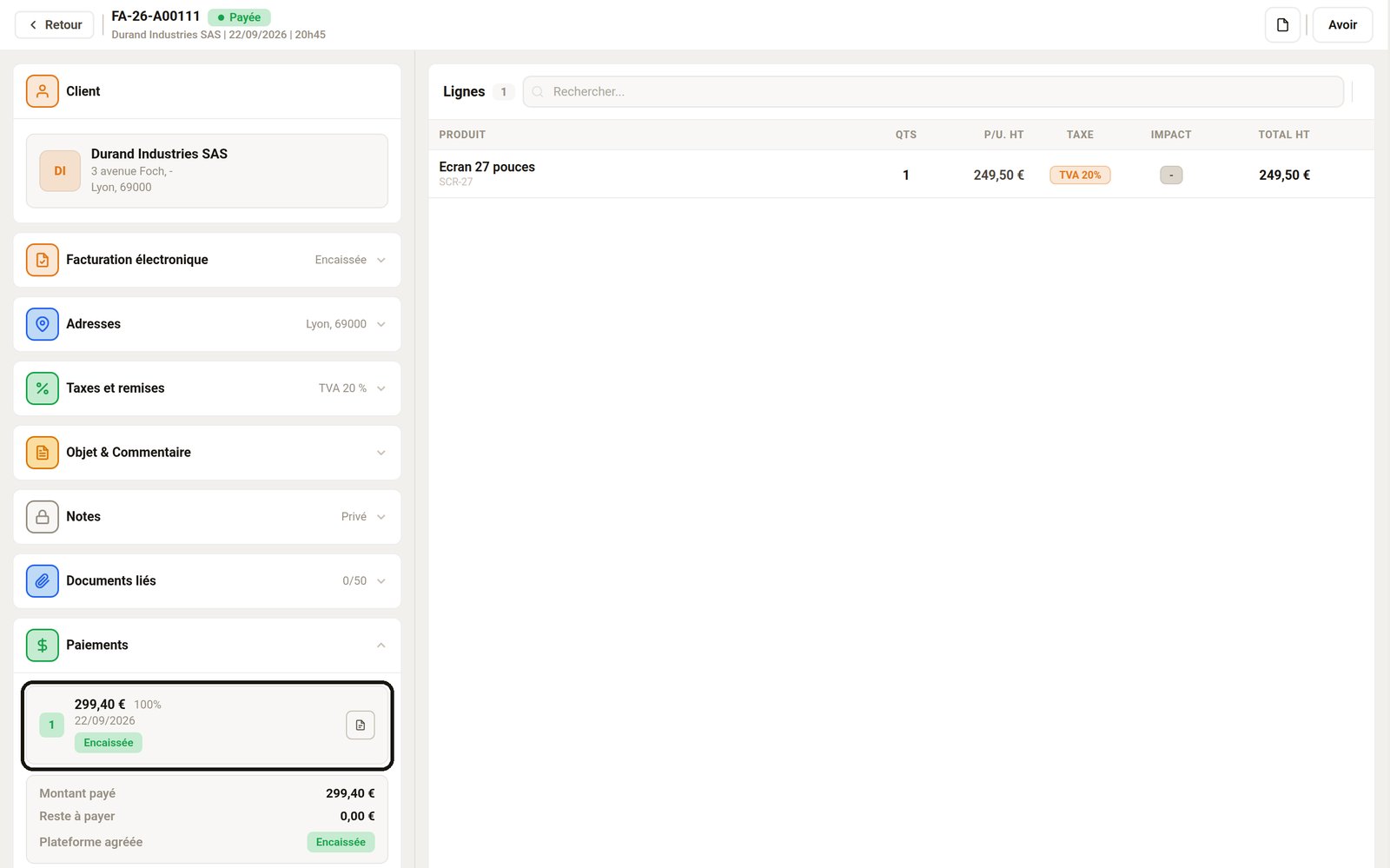 Facture Meolya issue d'une commande WooCommerce