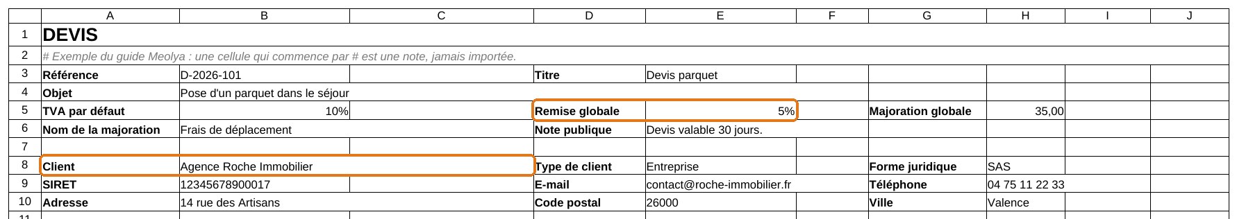 Bloc d'en-tête d'une feuille de devis